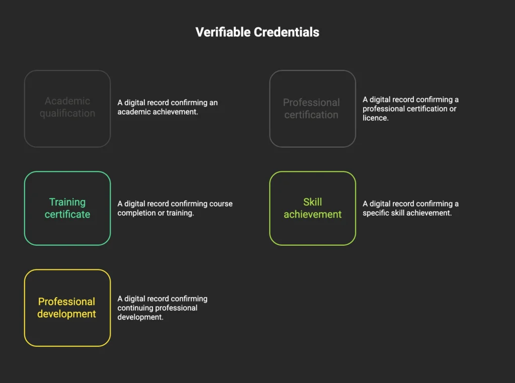 Diagram titled “Verifiable Credentials” showing five types of credential, each with a short description: academic qualification, professional certification or licence, training certificate (course completion), skill achievement, and continuing professional development.